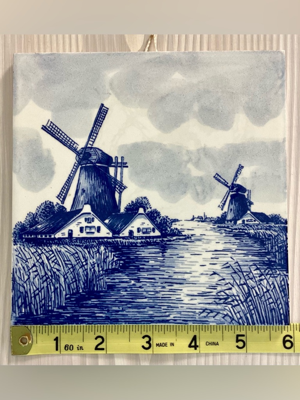 Vintage Delft Style WINDMILL Ceramic Tile/Trivet 6"x6" Back-stamp “G” in Wreath - Picture 2 of 5